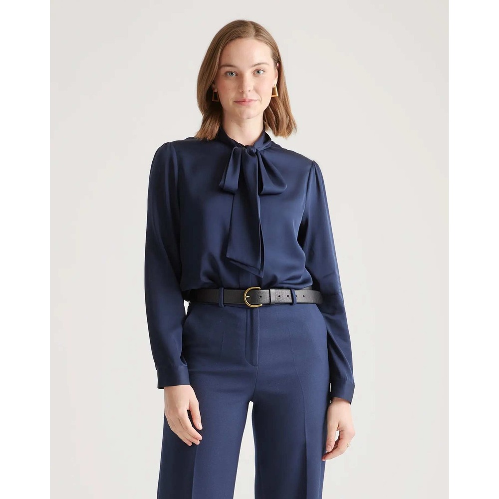 Quince Washable Stretch Silk Tie Neck Blouse Navy Blue XL NWT